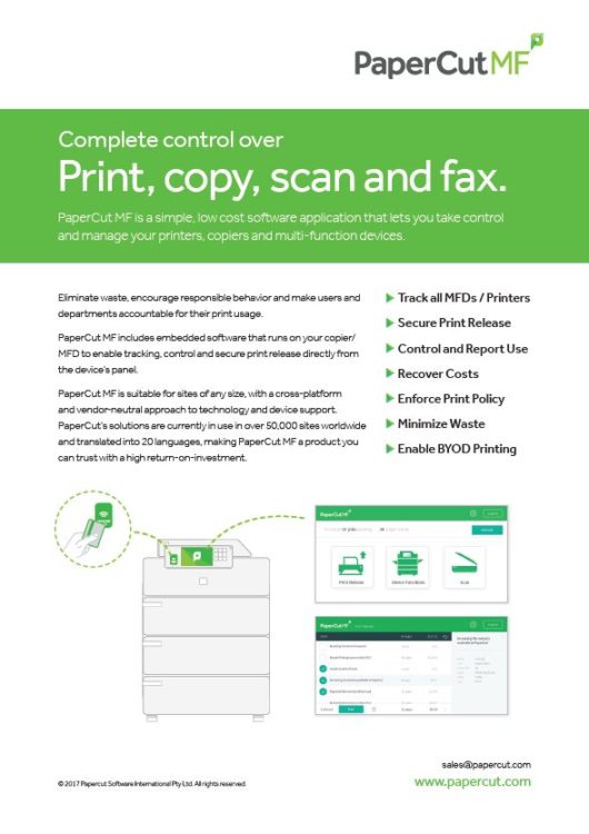 Fact Sheet Cover, Papercut MF, LSI, Logistical Support, Inc., Xerox, HP, Oregon, Copier, Printer, MFP, Sales, Service, Supplies